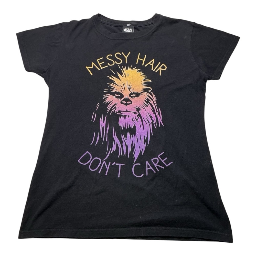 Star Wars Chewbacca Messy Hair Don't Care Graphic T-Shirt Black Y2K 2000s L